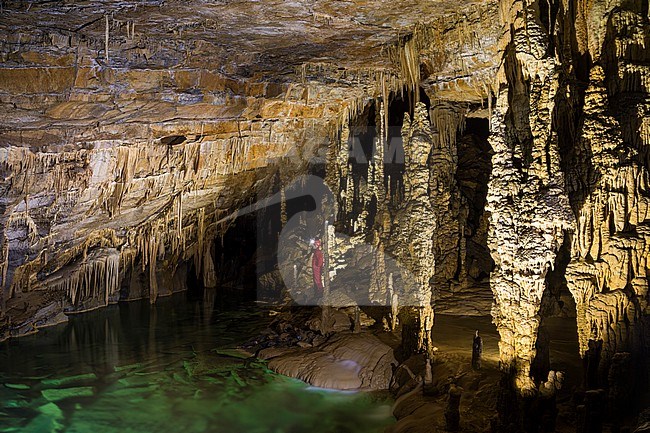 A speleologist in Krizna Jama Cave with a head lamp. Grahovo, Slovenia stock-image by Agami/Sergio Pitamitz,