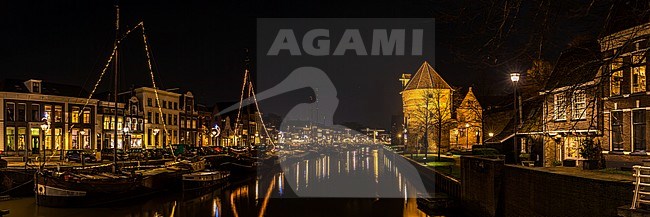 Panorama 3:1 Thorbeckegracht Zwolle (Librije included) by night stock-image by Agami/Eric Tempelaars,