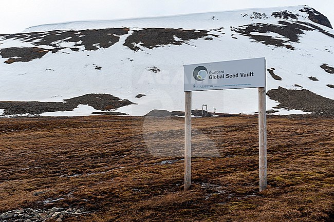 A sign for the Svalbard Global Seed Vault posted near a snow streaked mountain. Longyearbyen, Spitsbergen Island, Svalbard, Norway. stock-image by Agami/Sergio Pitamitz,