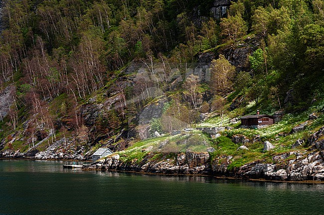 Primitive farm buildings and houses built into the steep rugged mountains above Geirangerfjord. Geiranger, Geirangerfjord, Norway. stock-image by Agami/Sergio Pitamitz,