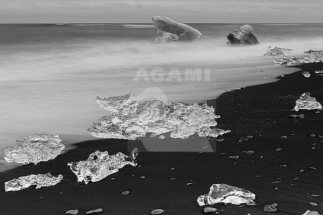 Diamond Beach, pieces of ice   on the beach with icebergs in the background stock-image by Agami/Saverio Gatto,