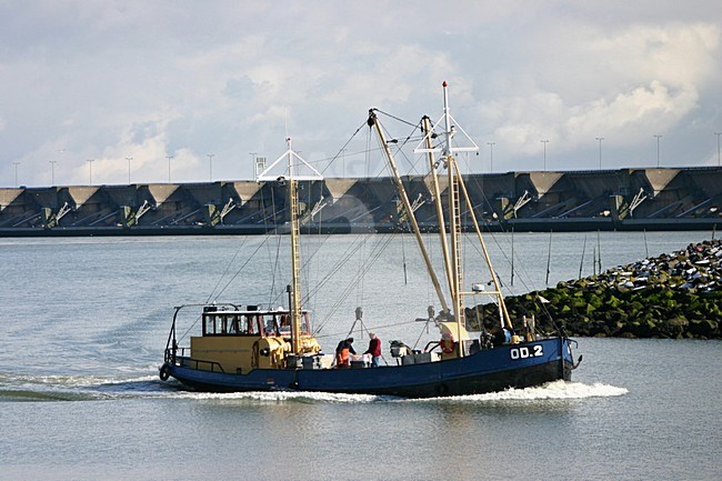 Fishing Boat enters the harbour of Stellendam, with the Haringvlietsluizen on the background... stock-image by Agami/Bas Haasnoot,