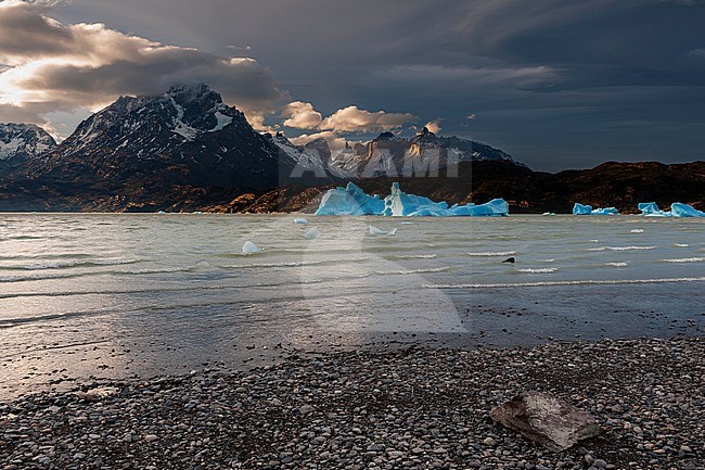 Icebergs floating in the Grey Lake with  Torres del Paine in the background. Ultima Esperanza Chile stock-image by Agami/Sergio Pitamitz,