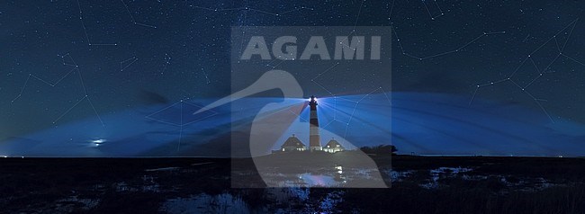 Lighthouse Westerhever at night on Wadden Isle in Germany. Visible constellations in the night sky drawn in the photo. stock-image by Agami/Ralph Martin,