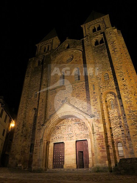 Abbey-Church of Saint-Foy in Conques during the night. A historic town along the Via Podiensis in southern France. stock-image by Agami/Marc Guyt,