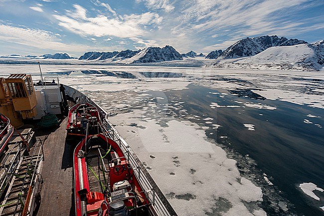 The MS Nordstjernen navigates in polar waters off Monaco Glacier. Monaco Glacier, Spitsbergen Island, Svalbard, Norway. stock-image by Agami/Sergio Pitamitz,