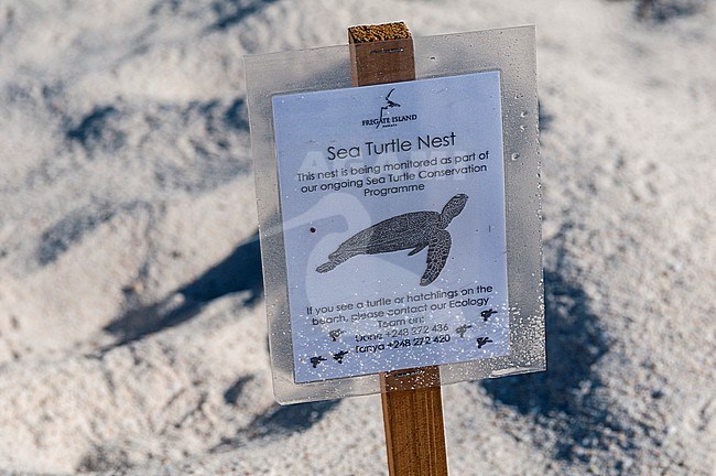 A sea turtle nesting site sign on Anse Victorin beach. Anse Victorin Beach, Fregate Island, The Republic of the Seychelles. stock-image by Agami/Sergio Pitamitz,