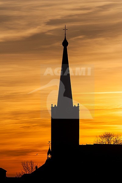 Silhouette of church at Stompwijk at sunset stock-image by Agami/Marc Guyt,