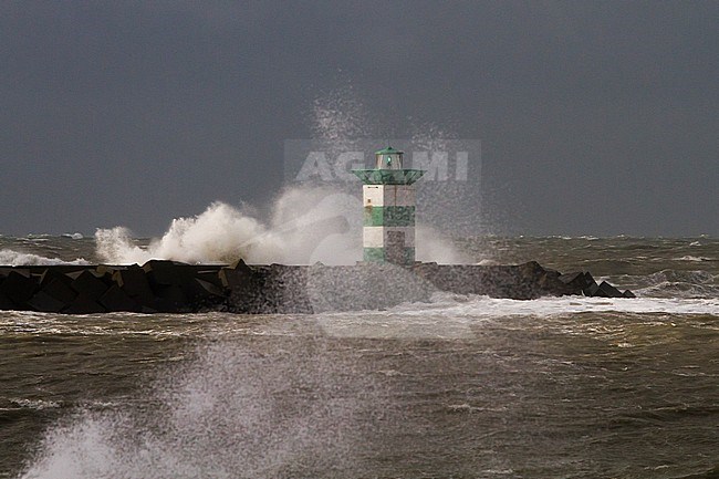 Vuurtoren op pier tijdens storm; Lighthouse on jetty during storm stock-image by Agami/Menno van Duijn,